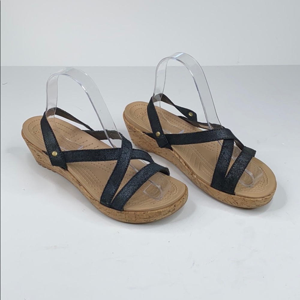 Crocs A-leigh black shimmer leather mini wedge -9